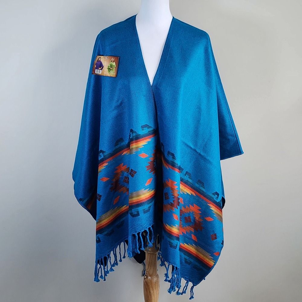 Elitex Poncho Wrap Womens One Size Blue‎ Southwestern Aztec Fringe Festival NEW